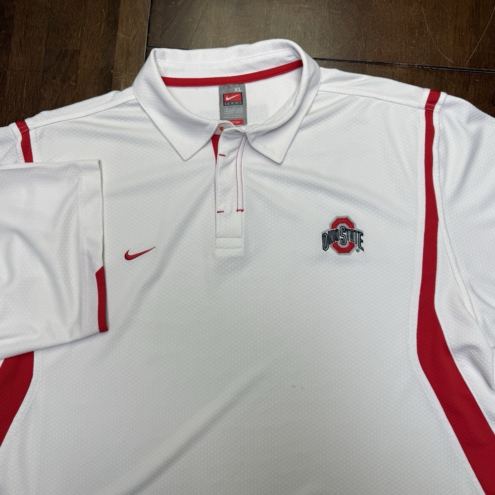 Nike Team OSU Buckeyes Polo Men's Size XL White And Red Trim Embroidered‎ FitDry